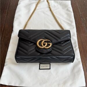 Gucci Black Chevron Crossbody Bag with Gold Chain